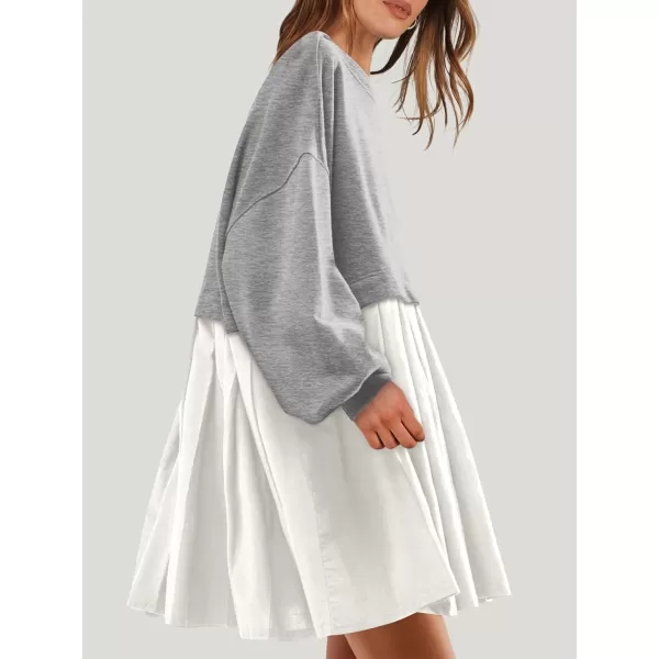 imageANRABESS Women Oversized Sweatshirts Hoodie Dress Long Sleeve Crewneck Casual Baggy Patchwork Pleated Flowy Mini DressesLight GreyWhite