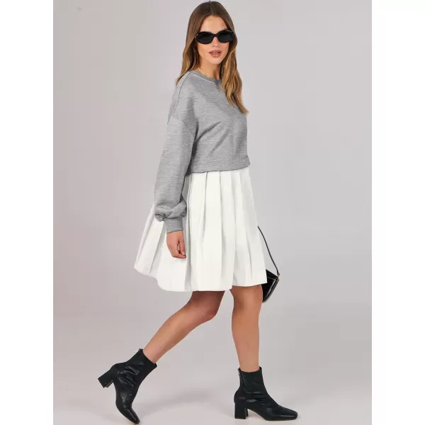 imageANRABESS Women Oversized Sweatshirts Hoodie Dress Long Sleeve Crewneck Casual Baggy Patchwork Pleated Flowy Mini DressesLight GreyWhite