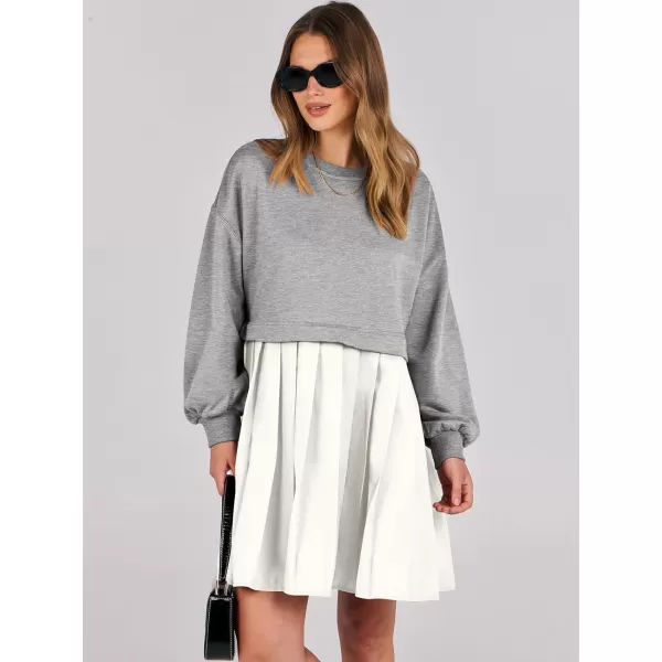 imageANRABESS Women Oversized Sweatshirts Hoodie Dress Long Sleeve Crewneck Casual Baggy Patchwork Pleated Flowy Mini DressesLight GreyWhite