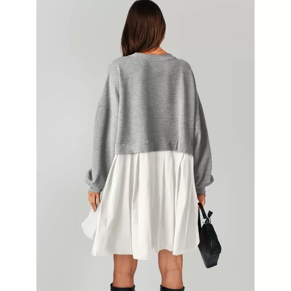 imageANRABESS Women Oversized Sweatshirts Hoodie Dress Long Sleeve Crewneck Casual Baggy Patchwork Pleated Flowy Mini DressesLight GreyWhite