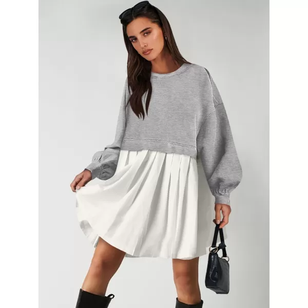 imageANRABESS Women Oversized Sweatshirts Hoodie Dress Long Sleeve Crewneck Casual Baggy Patchwork Pleated Flowy Mini DressesLight GreyWhite