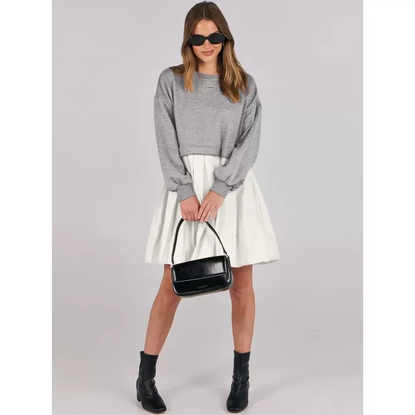 imageANRABESS Women Oversized Sweatshirts Hoodie Dress Long Sleeve Crewneck Casual Baggy Patchwork Pleated Flowy Mini DressesLight GreyWhite