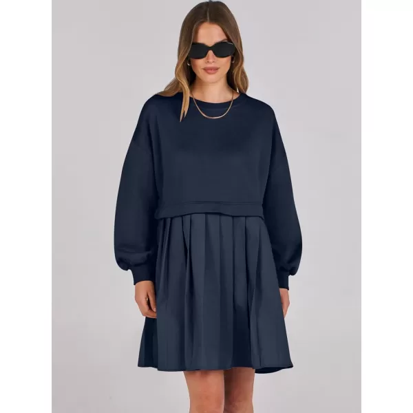 imageANRABESS Women Oversized Sweatshirts Hoodie Dress Long Sleeve Crewneck Casual Baggy Patchwork Pleated Flowy Mini DressesNavy Blue