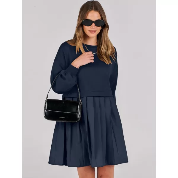 imageANRABESS Women Oversized Sweatshirts Hoodie Dress Long Sleeve Crewneck Casual Baggy Patchwork Pleated Flowy Mini DressesNavy Blue