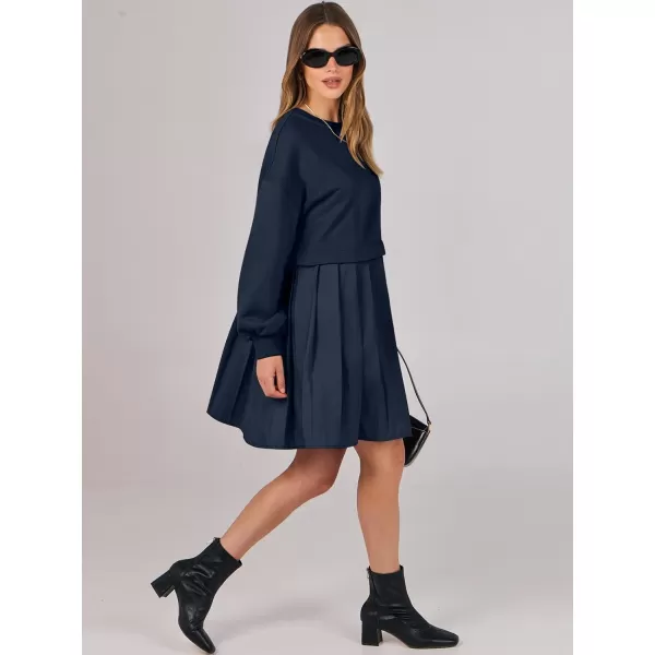 imageANRABESS Women Oversized Sweatshirts Hoodie Dress Long Sleeve Crewneck Casual Baggy Patchwork Pleated Flowy Mini DressesNavy Blue