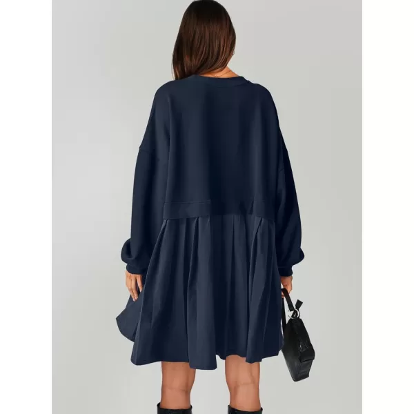 imageANRABESS Women Oversized Sweatshirts Hoodie Dress Long Sleeve Crewneck Casual Baggy Patchwork Pleated Flowy Mini DressesNavy Blue
