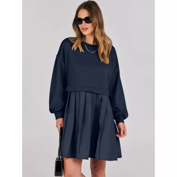 imageANRABESS Women Oversized Sweatshirts Hoodie Dress Long Sleeve Crewneck Casual Baggy Patchwork Pleated Flowy Mini DressesNavy Blue