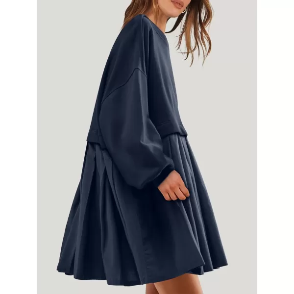 imageANRABESS Women Oversized Sweatshirts Hoodie Dress Long Sleeve Crewneck Casual Baggy Patchwork Pleated Flowy Mini DressesNavy Blue