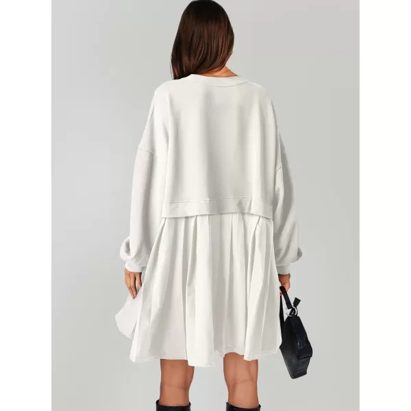 imageANRABESS Women Oversized Sweatshirts Hoodie Dress Long Sleeve Crewneck Casual Baggy Patchwork Pleated Flowy Mini DressesWhite