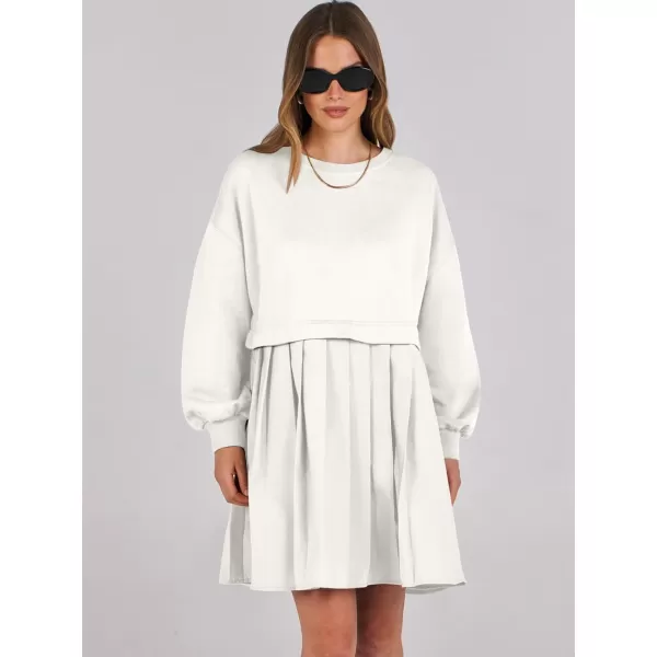 imageANRABESS Women Oversized Sweatshirts Hoodie Dress Long Sleeve Crewneck Casual Baggy Patchwork Pleated Flowy Mini DressesWhite