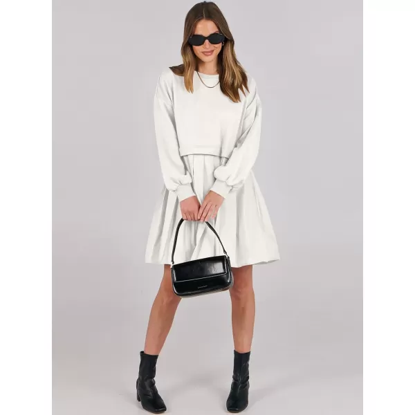 imageANRABESS Women Oversized Sweatshirts Hoodie Dress Long Sleeve Crewneck Casual Baggy Patchwork Pleated Flowy Mini DressesWhite