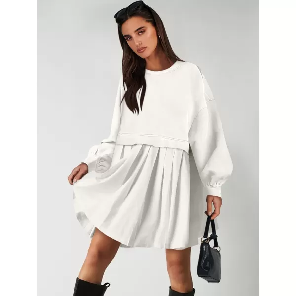 imageANRABESS Women Oversized Sweatshirts Hoodie Dress Long Sleeve Crewneck Casual Baggy Patchwork Pleated Flowy Mini DressesWhite
