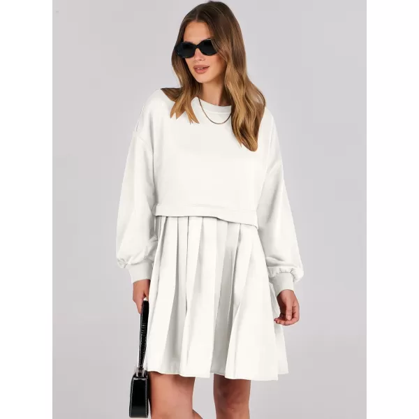 imageANRABESS Women Oversized Sweatshirts Hoodie Dress Long Sleeve Crewneck Casual Baggy Patchwork Pleated Flowy Mini DressesWhite