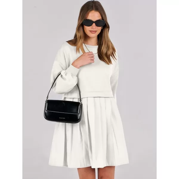 imageANRABESS Women Oversized Sweatshirts Hoodie Dress Long Sleeve Crewneck Casual Baggy Patchwork Pleated Flowy Mini DressesWhite
