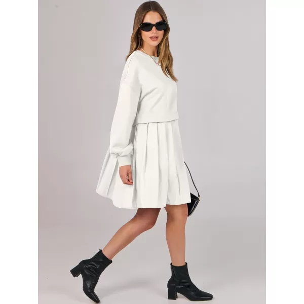 imageANRABESS Women Oversized Sweatshirts Hoodie Dress Long Sleeve Crewneck Casual Baggy Patchwork Pleated Flowy Mini DressesWhite