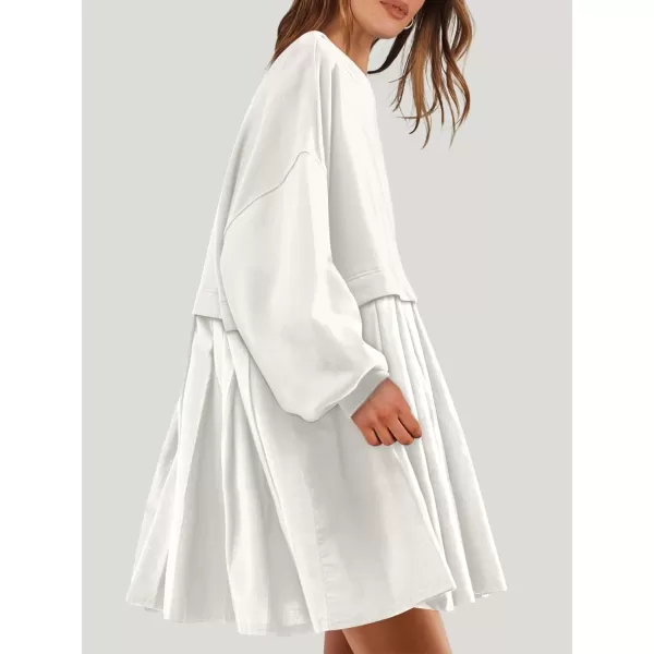 imageANRABESS Women Oversized Sweatshirts Hoodie Dress Long Sleeve Crewneck Casual Baggy Patchwork Pleated Flowy Mini DressesWhite