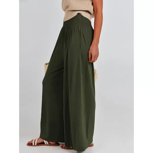 imageANRABESS Women Palazzo Pants Summer Boho Wide Leg High Waist Casual Loose Lounge Pant Trousers with PocketArmy Green