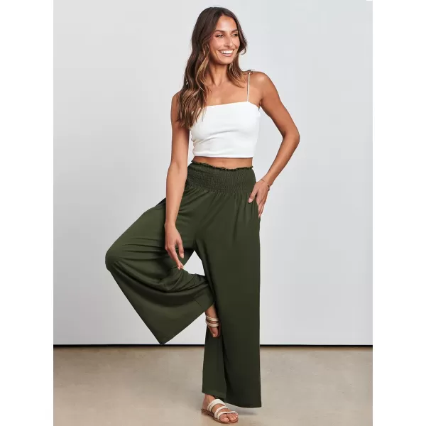 imageANRABESS Women Palazzo Pants Summer Boho Wide Leg High Waist Casual Loose Lounge Pant Trousers with PocketArmy Green