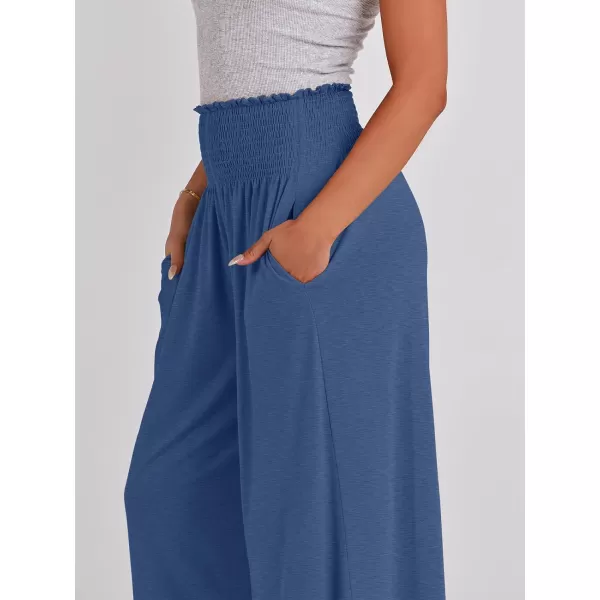 imageANRABESS Women Palazzo Pants Summer Boho Wide Leg High Waist Casual Loose Lounge Pant Trousers with PocketBlue