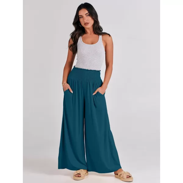 imageANRABESS Women Palazzo Pants Summer Boho Wide Leg High Waist Casual Loose Lounge Pant Trousers with PocketTeal Blue