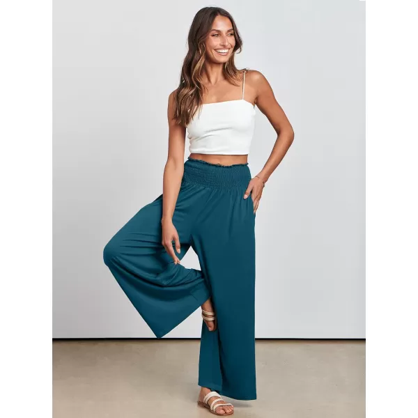 imageANRABESS Women Palazzo Pants Summer Boho Wide Leg High Waist Casual Loose Lounge Pant Trousers with PocketTeal Blue