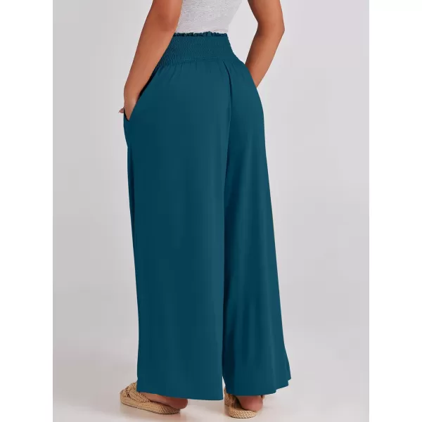 imageANRABESS Women Palazzo Pants Summer Boho Wide Leg High Waist Casual Loose Lounge Pant Trousers with PocketTeal Blue