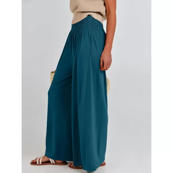imageANRABESS Women Palazzo Pants Summer Boho Wide Leg High Waist Casual Loose Lounge Pant Trousers with PocketTeal Blue