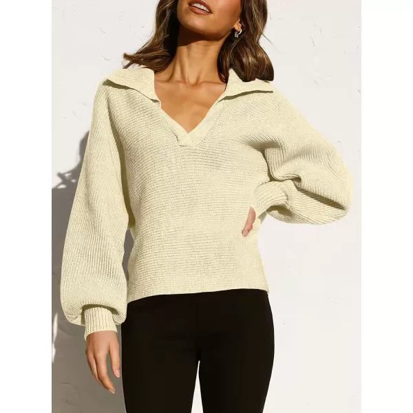 imageANRABESS Women Polo V Neck Batwing Long Sleeve Casual Oversized Ribbed Knit Fall Pullover Sweater TopBeige