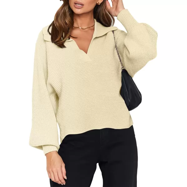 imageANRABESS Women Polo V Neck Batwing Long Sleeve Casual Oversized Ribbed Knit Fall Pullover Sweater TopBeige