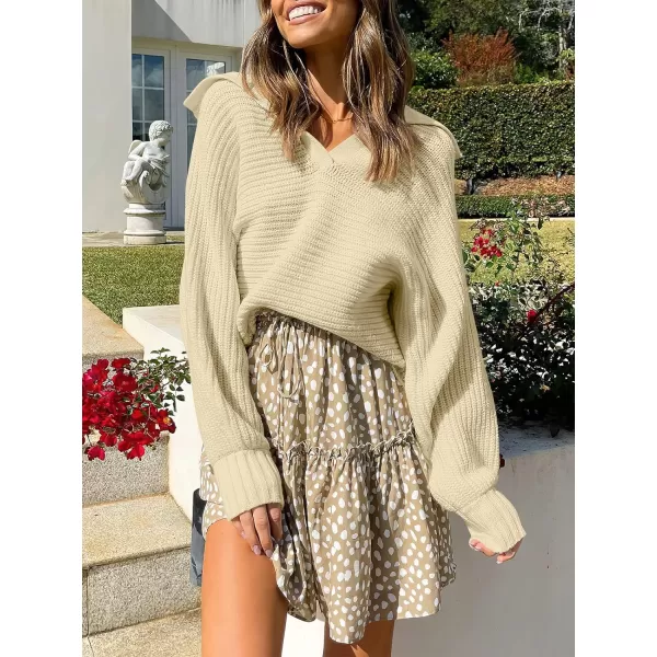 imageANRABESS Women Polo V Neck Batwing Long Sleeve Casual Oversized Ribbed Knit Fall Pullover Sweater TopBeige