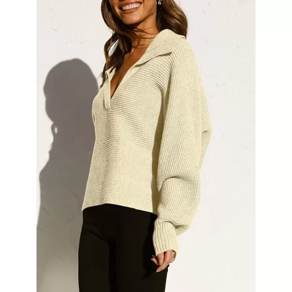 imageANRABESS Women Polo V Neck Batwing Long Sleeve Casual Oversized Ribbed Knit Fall Pullover Sweater TopBeige