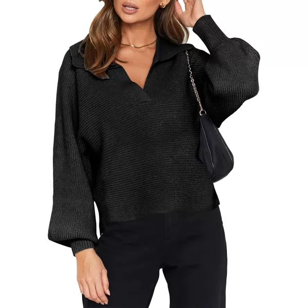 imageANRABESS Women Polo V Neck Batwing Long Sleeve Casual Oversized Ribbed Knit Fall Pullover Sweater TopBlack
