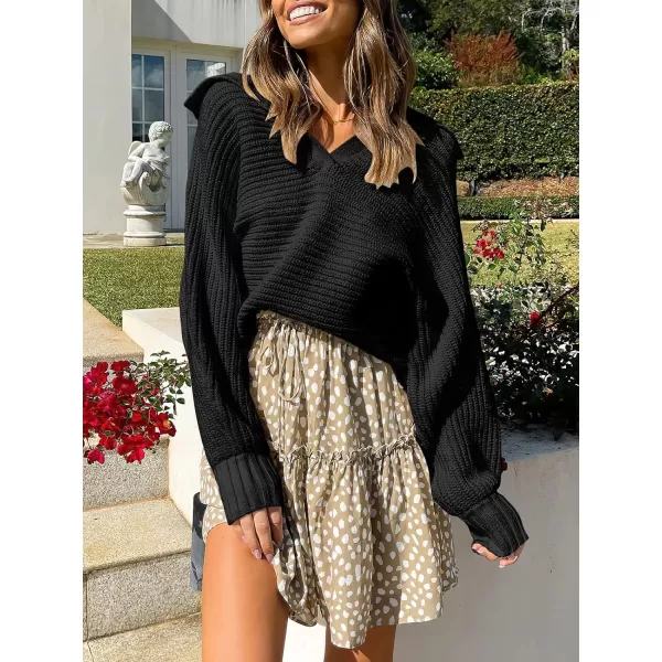imageANRABESS Women Polo V Neck Batwing Long Sleeve Casual Oversized Ribbed Knit Fall Pullover Sweater TopBlack