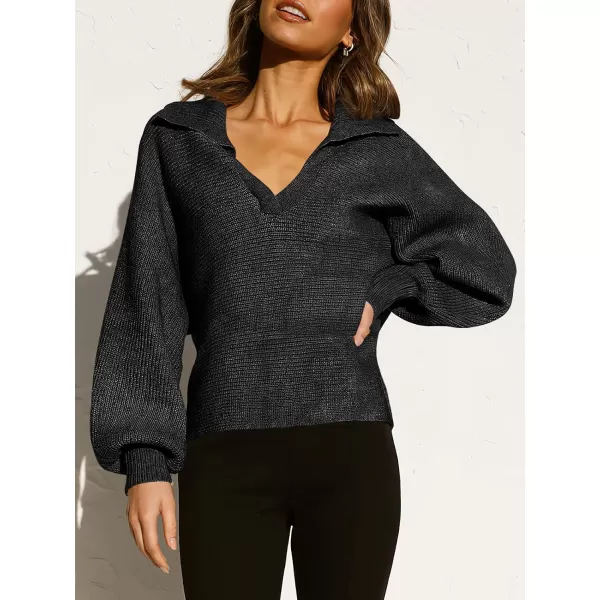 imageANRABESS Women Polo V Neck Batwing Long Sleeve Casual Oversized Ribbed Knit Fall Pullover Sweater TopBlack