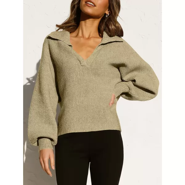 imageANRABESS Women Polo V Neck Batwing Long Sleeve Casual Oversized Ribbed Knit Fall Pullover Sweater TopKhaki
