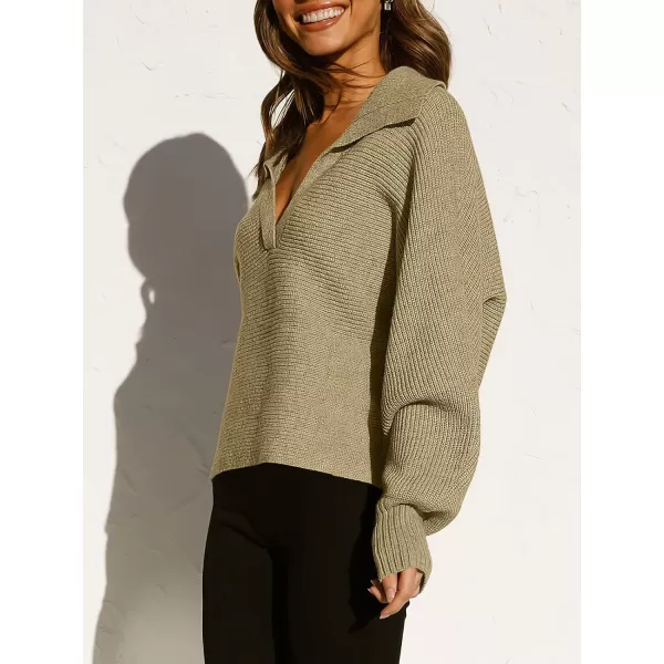 imageANRABESS Women Polo V Neck Batwing Long Sleeve Casual Oversized Ribbed Knit Fall Pullover Sweater TopKhaki