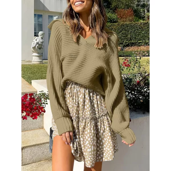 imageANRABESS Women Polo V Neck Batwing Long Sleeve Casual Oversized Ribbed Knit Fall Pullover Sweater TopKhaki