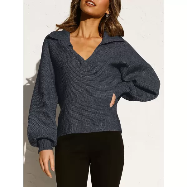 imageANRABESS Women Polo V Neck Batwing Long Sleeve Casual Oversized Ribbed Knit Fall Pullover Sweater TopNavy Blue