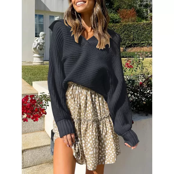imageANRABESS Women Polo V Neck Batwing Long Sleeve Casual Oversized Ribbed Knit Fall Pullover Sweater TopNavy Blue