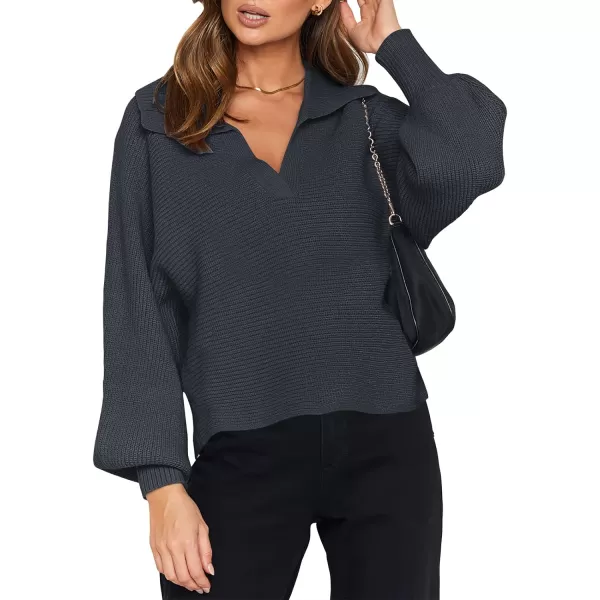 imageANRABESS Women Polo V Neck Batwing Long Sleeve Casual Oversized Ribbed Knit Fall Pullover Sweater TopNavy Blue