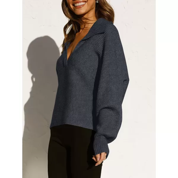 imageANRABESS Women Polo V Neck Batwing Long Sleeve Casual Oversized Ribbed Knit Fall Pullover Sweater TopNavy Blue