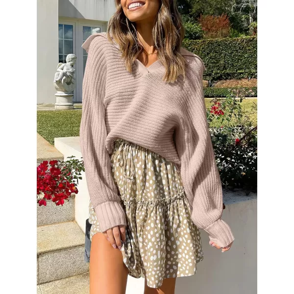 imageANRABESS Women Polo V Neck Batwing Long Sleeve Casual Oversized Ribbed Knit Fall Pullover Sweater TopPink