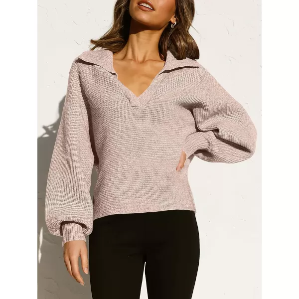 imageANRABESS Women Polo V Neck Batwing Long Sleeve Casual Oversized Ribbed Knit Fall Pullover Sweater TopPink