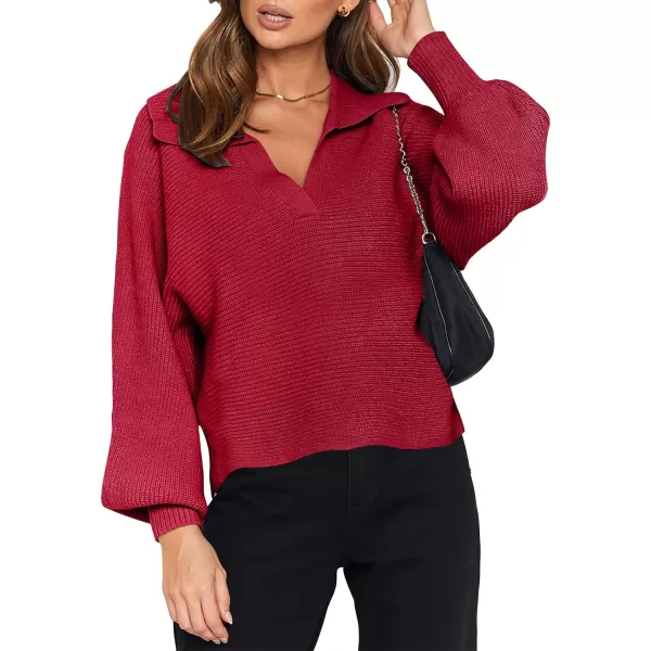 imageANRABESS Women Polo V Neck Batwing Long Sleeve Casual Oversized Ribbed Knit Fall Pullover Sweater TopWine Red