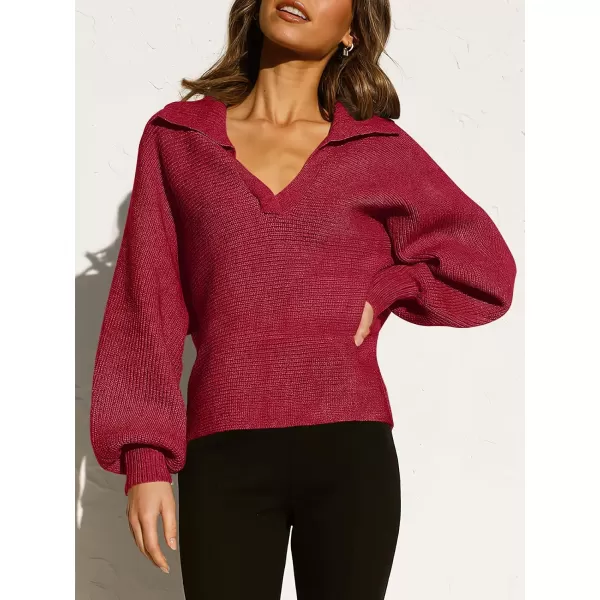 imageANRABESS Women Polo V Neck Batwing Long Sleeve Casual Oversized Ribbed Knit Fall Pullover Sweater TopWine Red