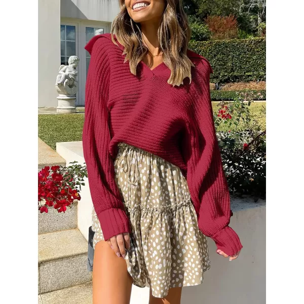 imageANRABESS Women Polo V Neck Batwing Long Sleeve Casual Oversized Ribbed Knit Fall Pullover Sweater TopWine Red