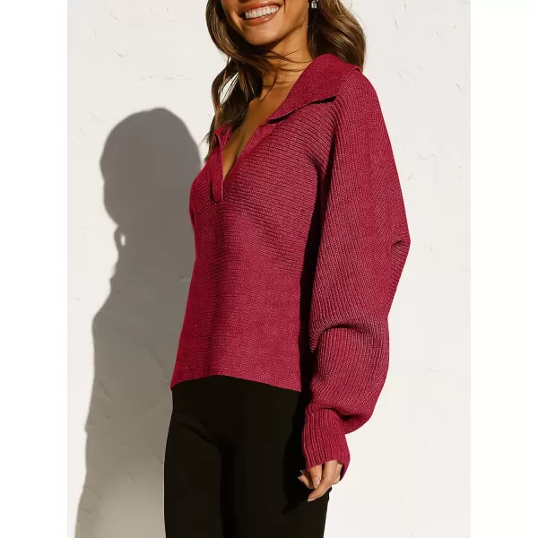 imageANRABESS Women Polo V Neck Batwing Long Sleeve Casual Oversized Ribbed Knit Fall Pullover Sweater TopWine Red