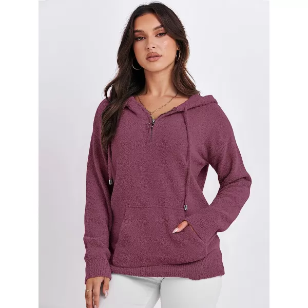 imageANRABESS Women Quarter Zip Long Sleeve Oversized Hoodie Sweater Drawsring V Neck Casual Loose Fall Sweatshirt ClothesFuchsia