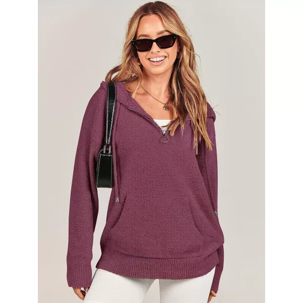 imageANRABESS Women Quarter Zip Long Sleeve Oversized Hoodie Sweater Drawsring V Neck Casual Loose Fall Sweatshirt ClothesFuchsia