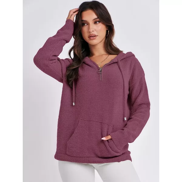 imageANRABESS Women Quarter Zip Long Sleeve Oversized Hoodie Sweater Drawsring V Neck Casual Loose Fall Sweatshirt ClothesFuchsia